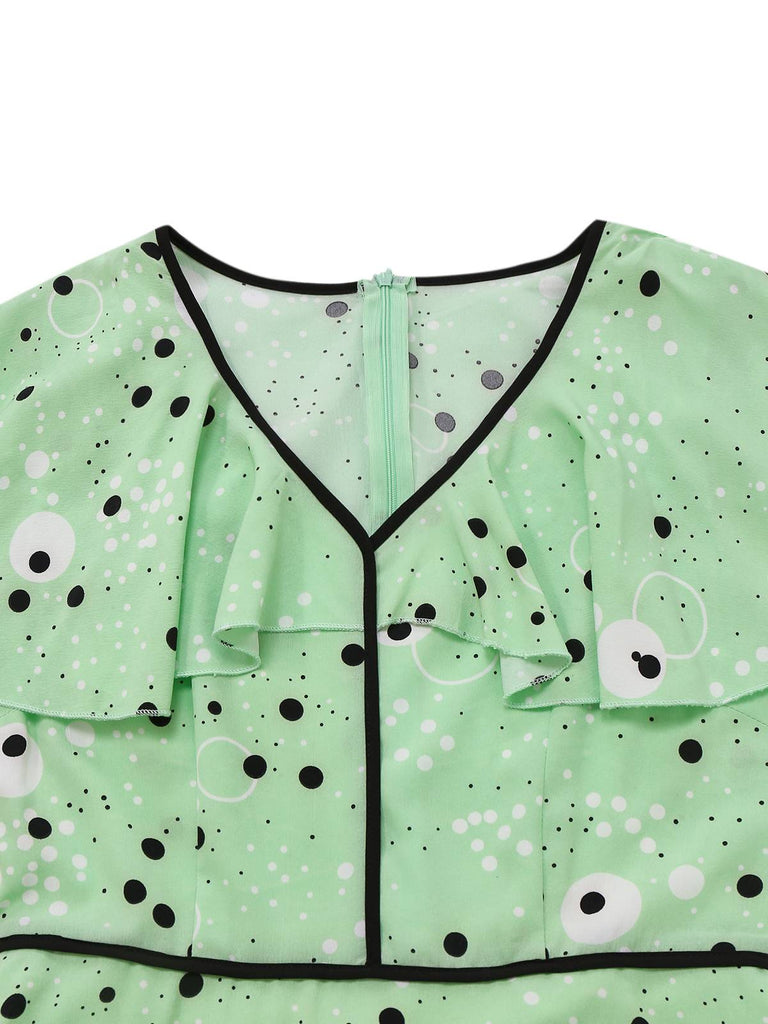 1940s Irregular Dots V-Neck Ruffled Dress