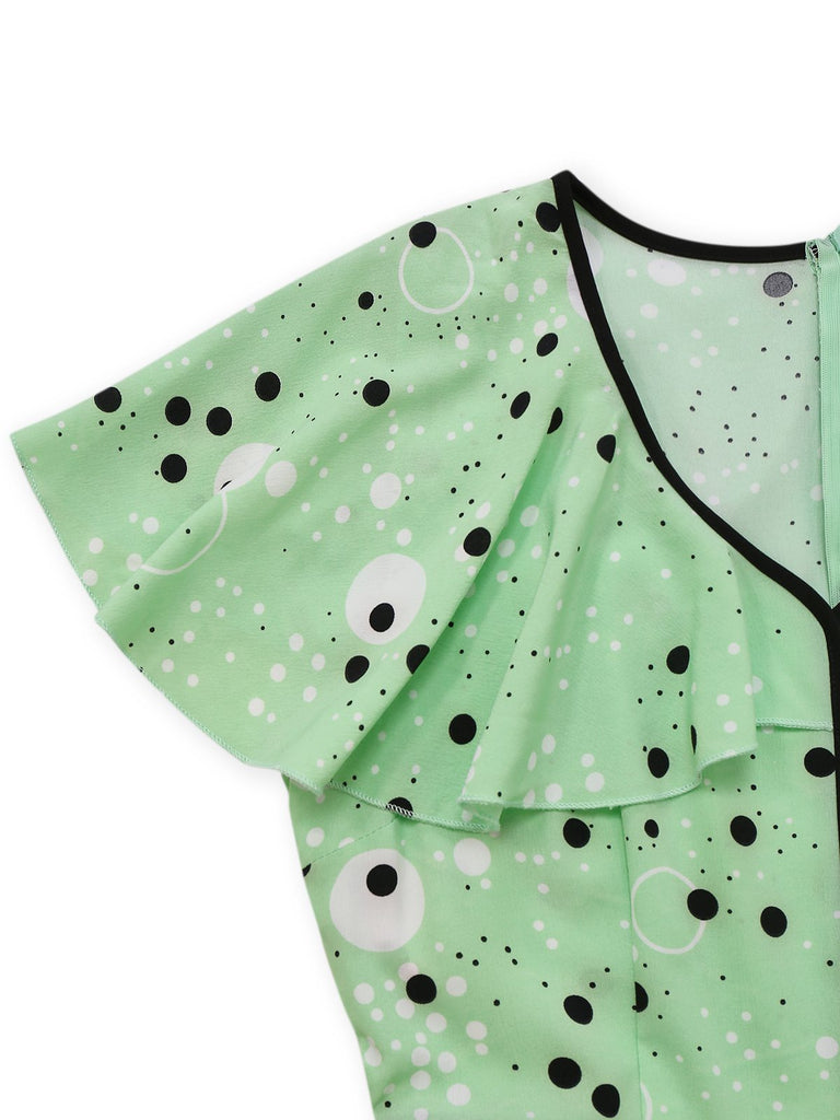 1940s Irregular Dots V-Neck Ruffled Dress