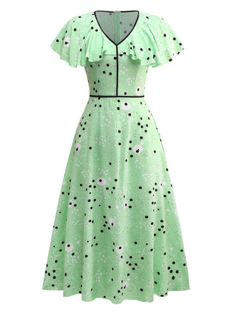 1940s Irregular Dots V-Neck Ruffled Dress