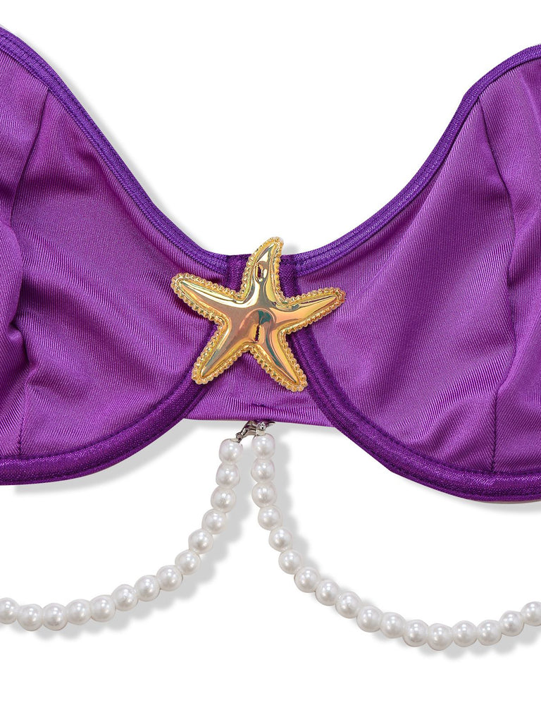 3PCS Purple 1970s Sea Pearl Satin Mermaid Sleepwear Set