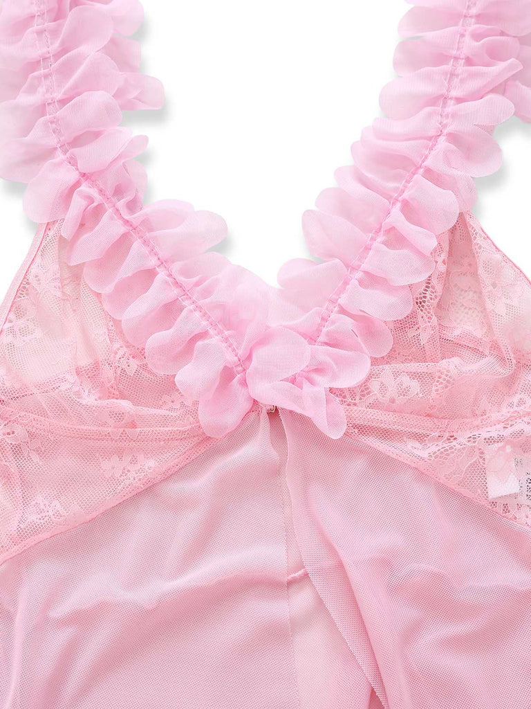 Pink 1930s 3D Floral Sheer Mesh Lace Lingerie Set