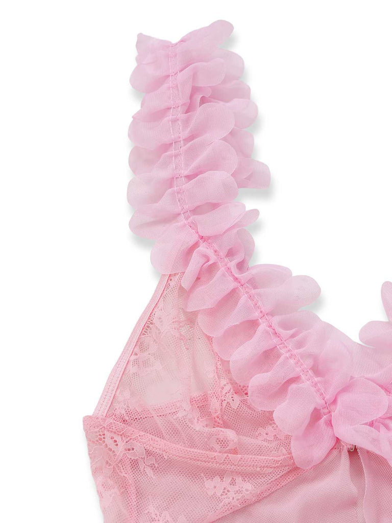 Pink 1930s 3D Floral Sheer Mesh Lace Lingerie Set