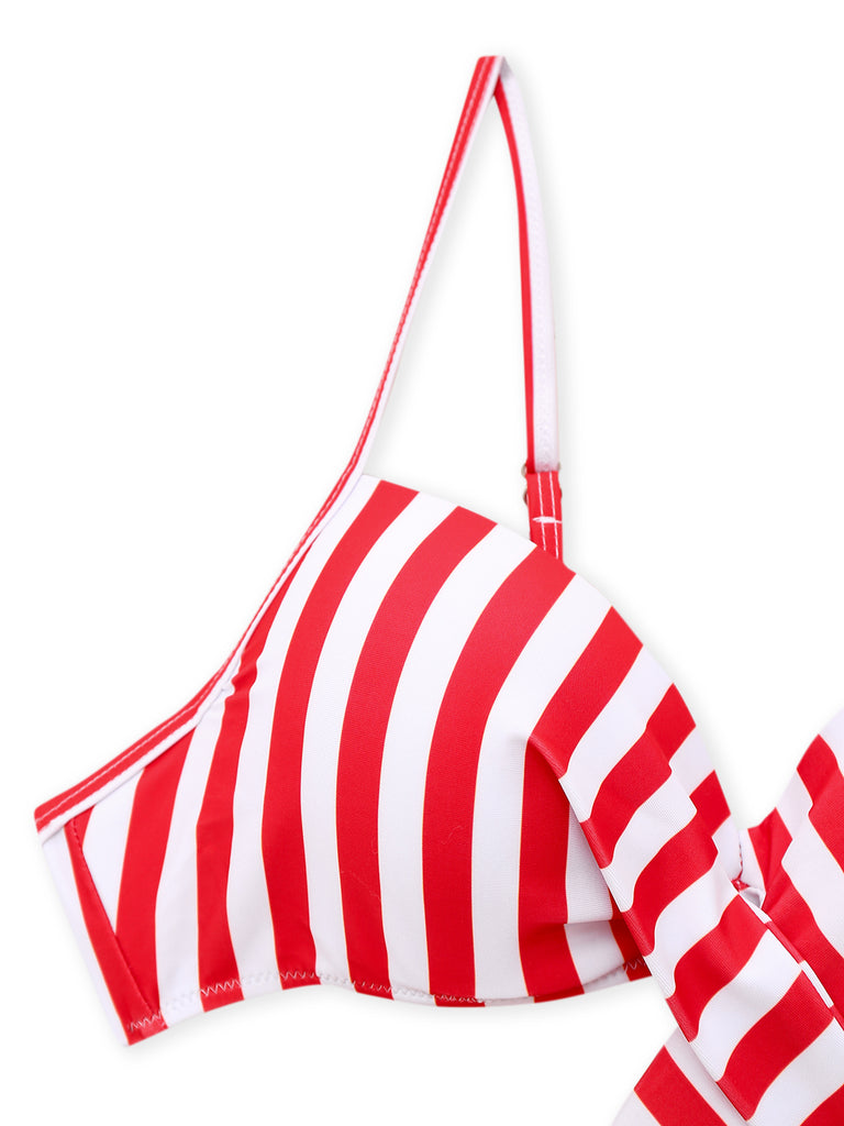 2PCS 1960s Red Striped Bikini Set & Blue Star Cover-Up