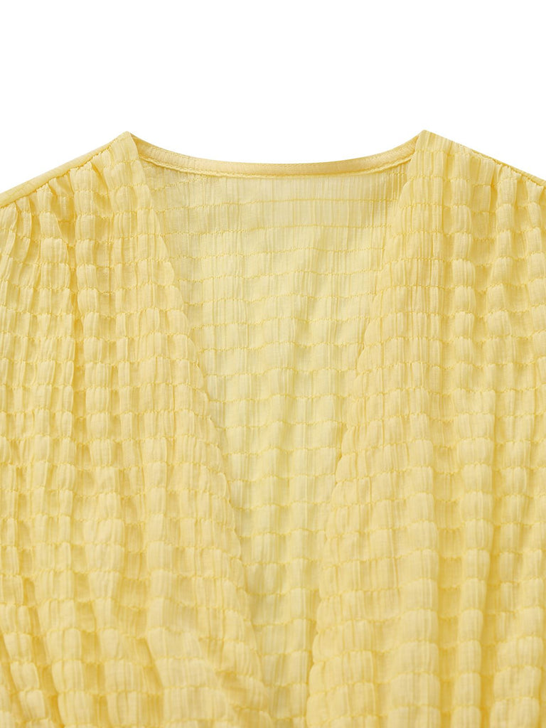 Yellow 1940s Puff Sleeve Button-Down Midi Dress