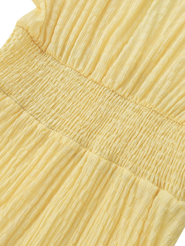 Yellow 1940s Puff Sleeve Button-Down Midi Dress