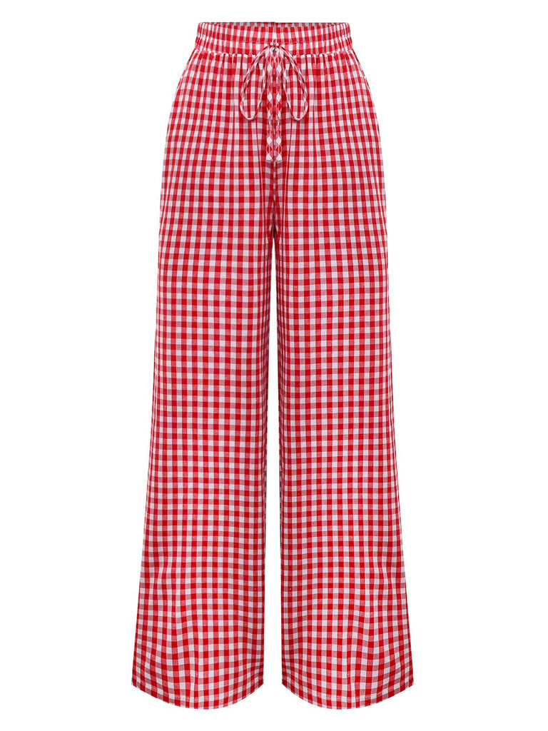 Red 1980s Plaid Casual Style Palazzo Pants