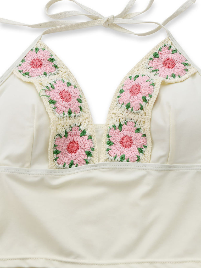 1950s Embroidered Handmade Floral High Waist Bikini Set