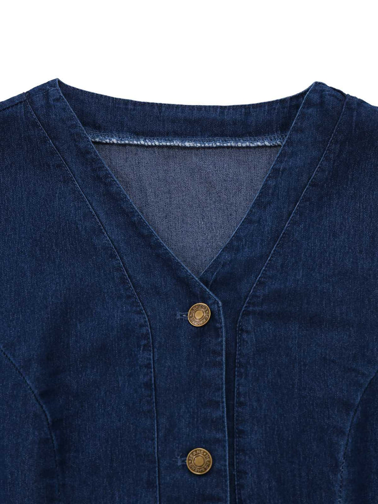 Blue 1970s Pockets Sleeveless A-Line Denim Dress