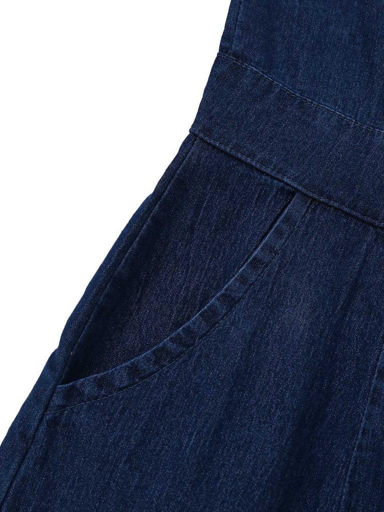 Blue 1970s Pockets Sleeveless A-Line Denim Dress