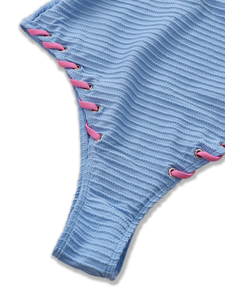 Light Blue 1950s Stripe Lace-Up Ruched One-Piece Swimsuit