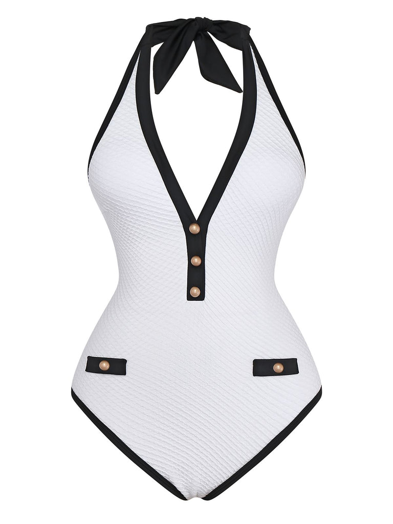 1950s Color Block V-Neck Backless Button Swimsuit