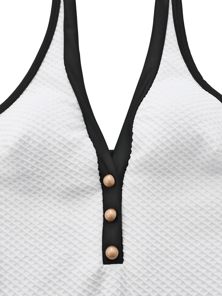 1950s Color Block V-Neck Backless Button Swimsuit