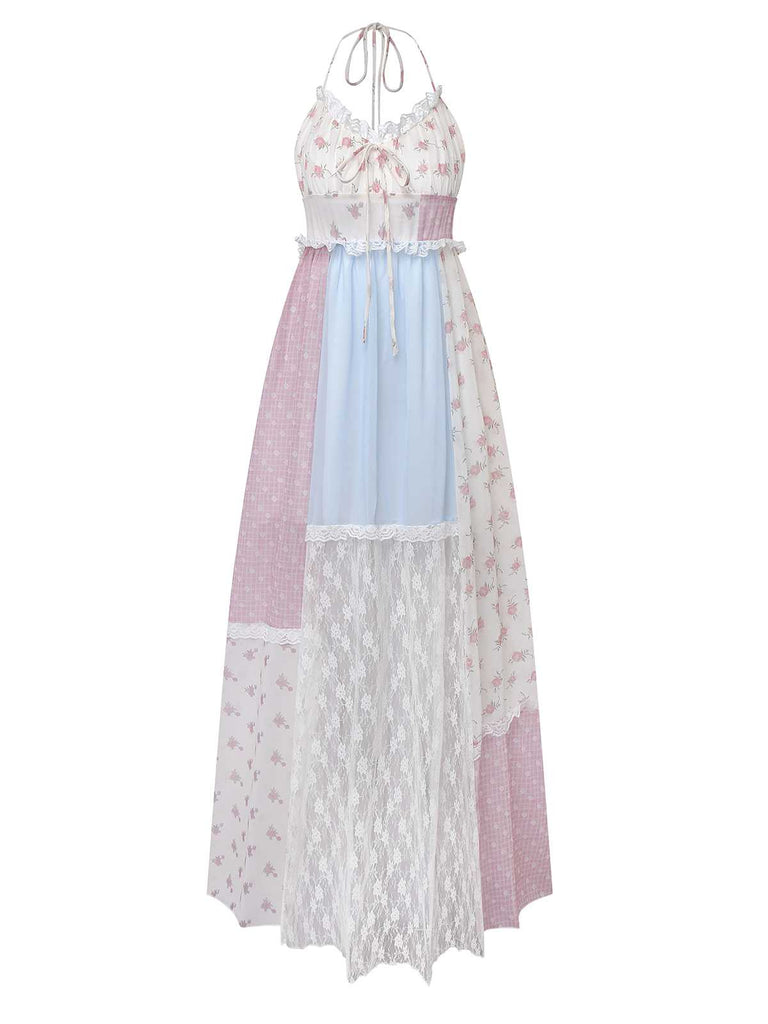 1970s Halter Boho Floral Lace Maxi Dress