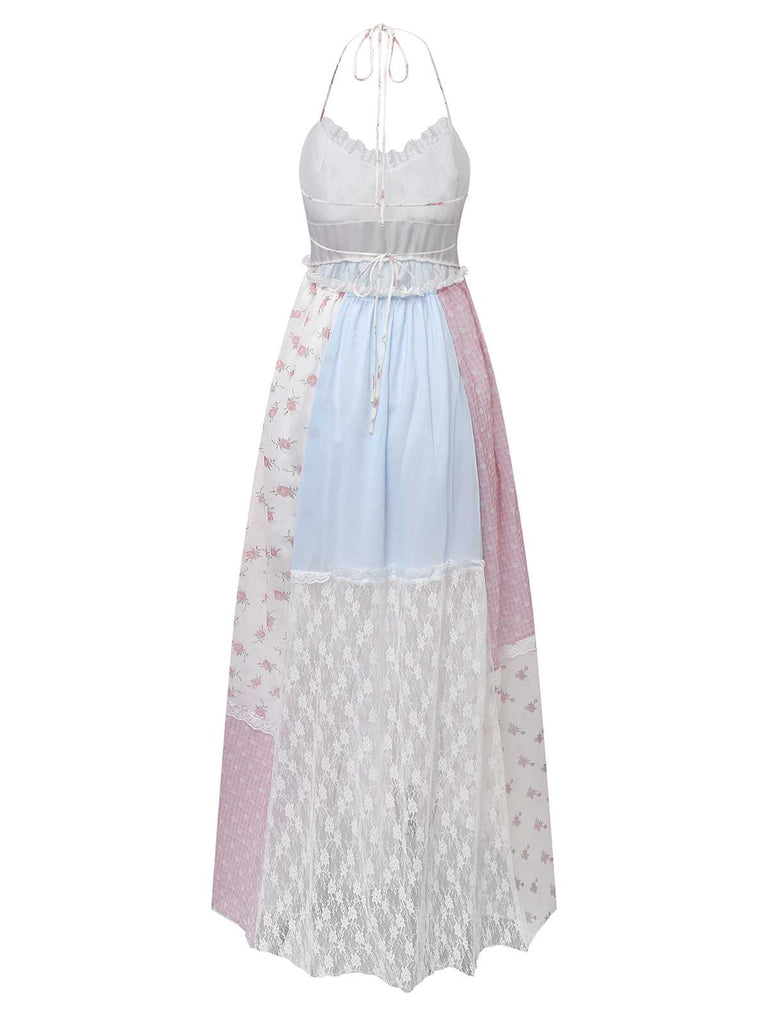 1970s Halter Boho Floral Lace Maxi Dress