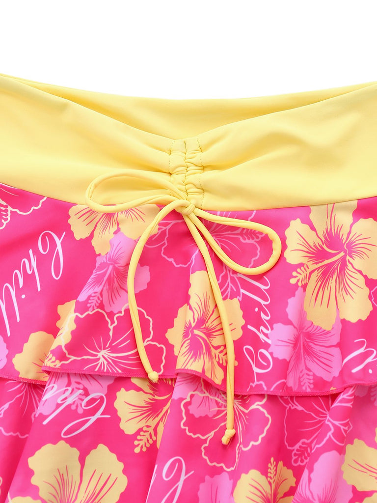 Pink 1960s Floral Print Tie-Front Layered Bikini Set