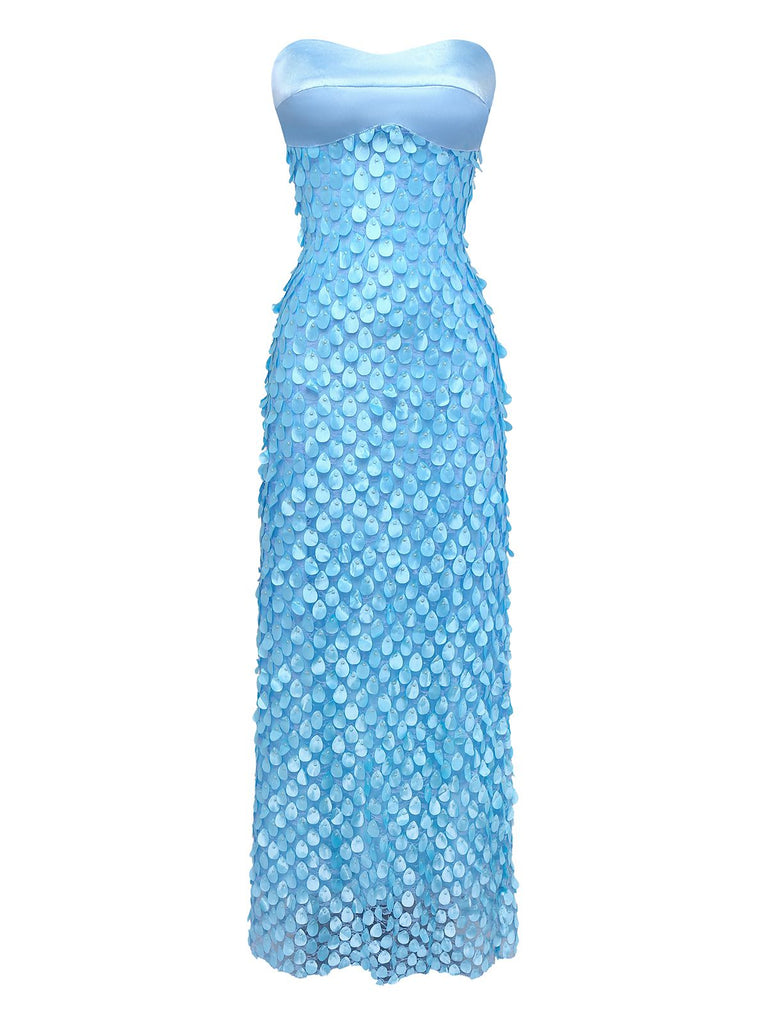 Blue 1970s 3D Floral Lace Beaded Backless Strapless Dress