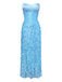 Blue 1970s 3D Floral Lace Beaded Backless Strapless Dress