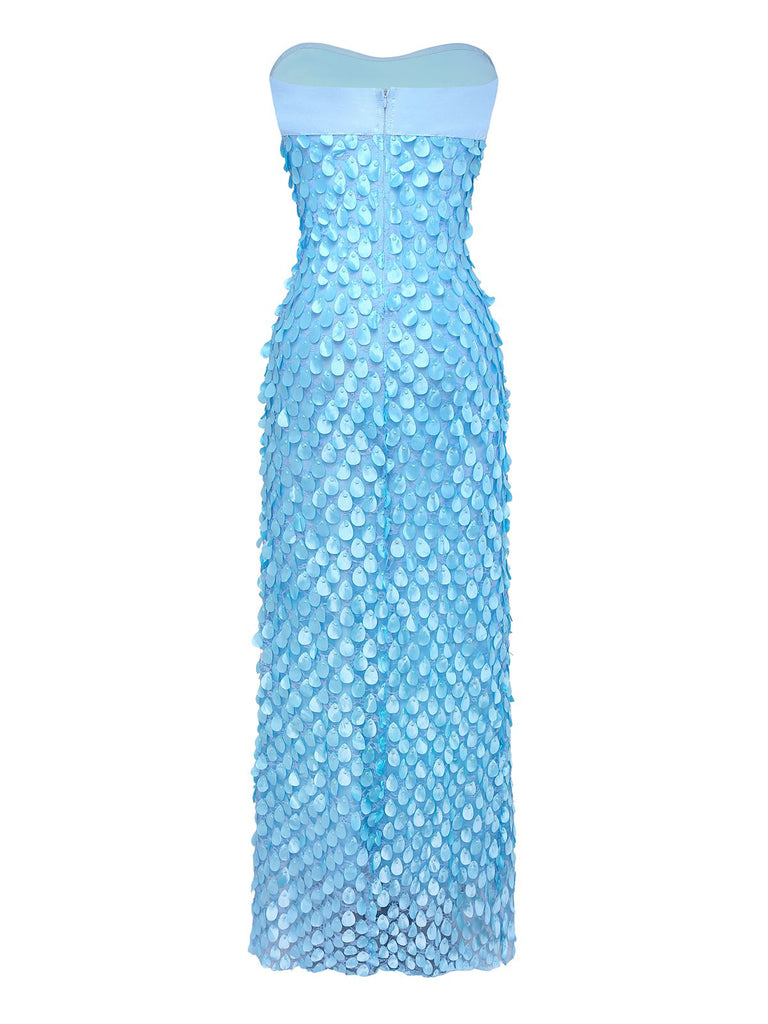 Blue 1970s 3D Floral Lace Beaded Backless Strapless Dress