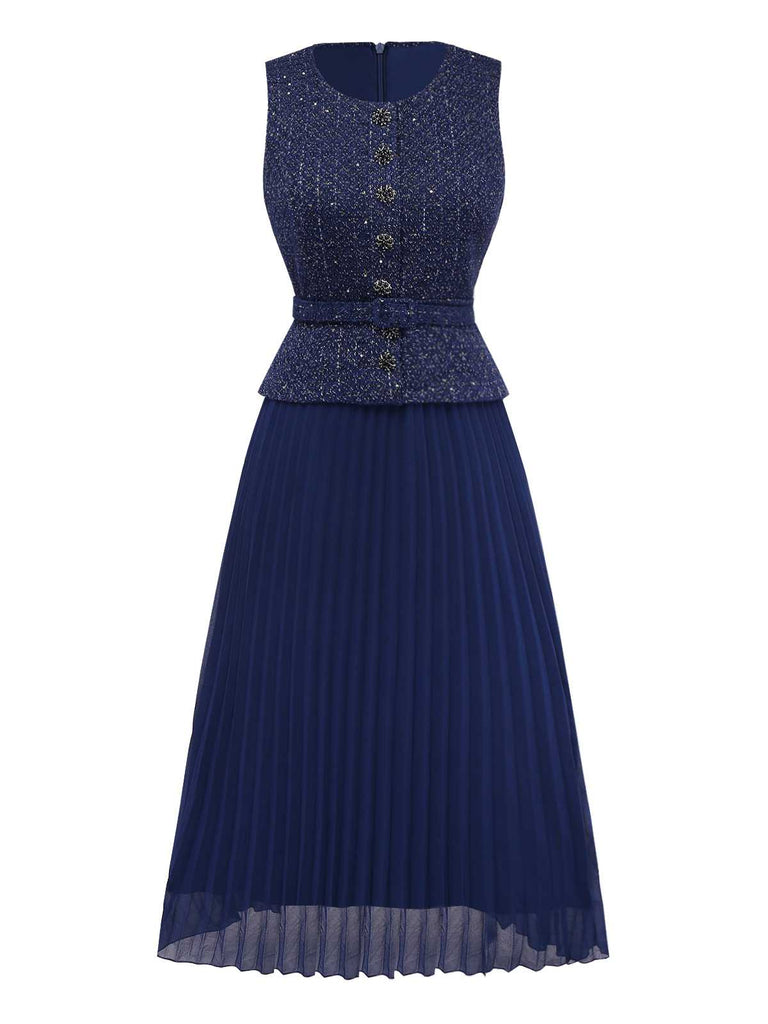 1960s Pearl Button Belted Sleeveless Pleated Dress