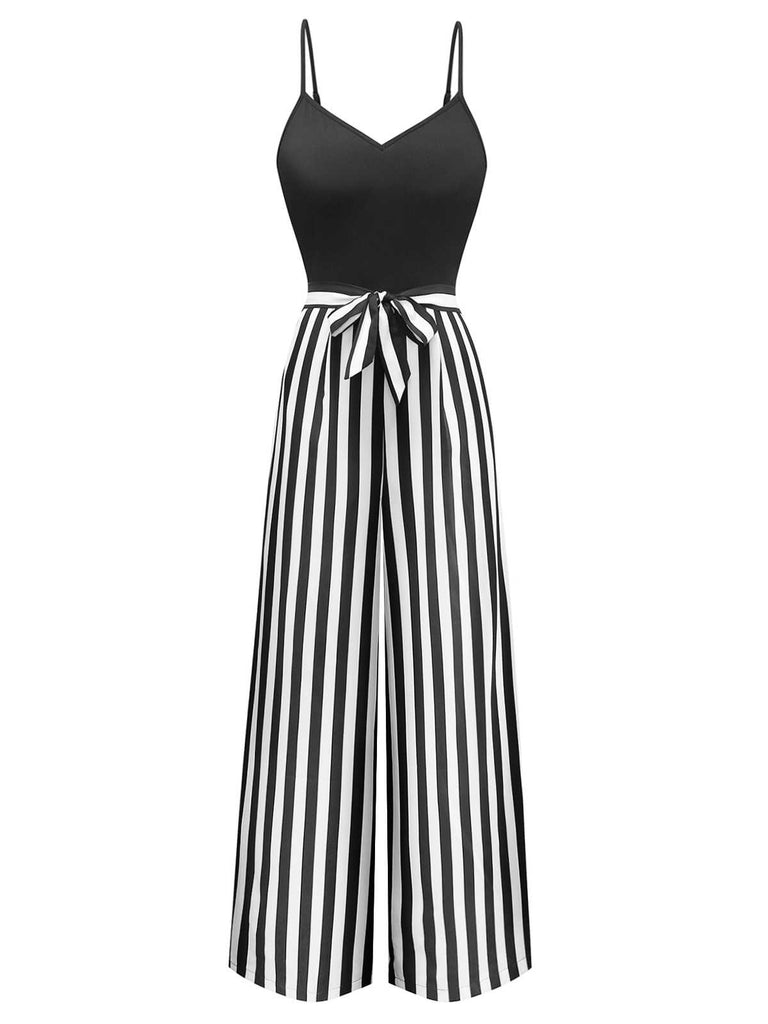 1970s Spaghetti Strap Striped Belted Jumpsuit