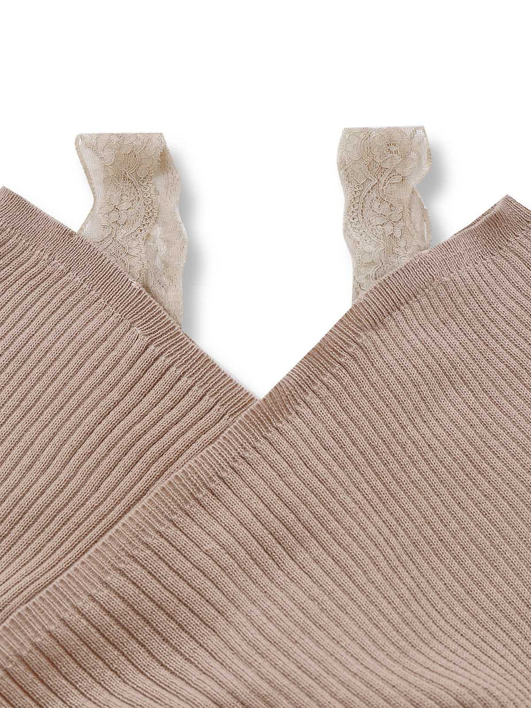 Khaki 1960s Cold Shoulder Lace Slit Knit Dress