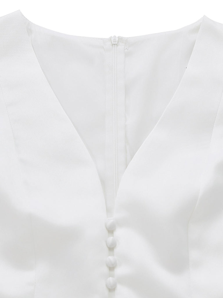 White 1950s Solid Sleeveless V-Neck Button Dress