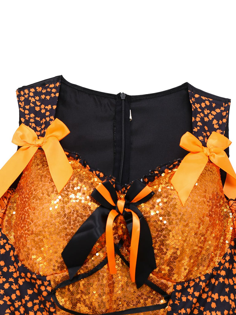 Orange 1960s Halloween Pumpkin Spiderweb Puff-Sleeve Dress