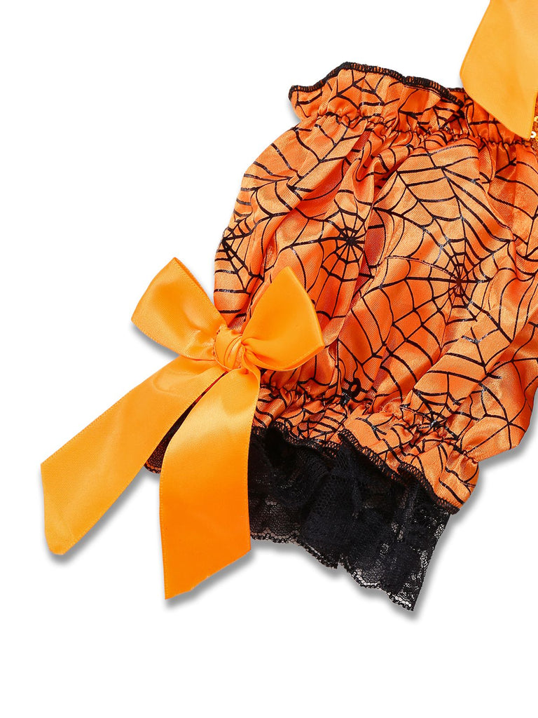 Orange 1960s Halloween Pumpkin Spiderweb Puff-Sleeve Dress