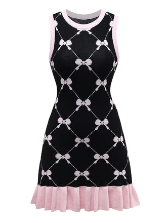Black 1950s Bow Print Sleeveless Knit Ruffled Dress