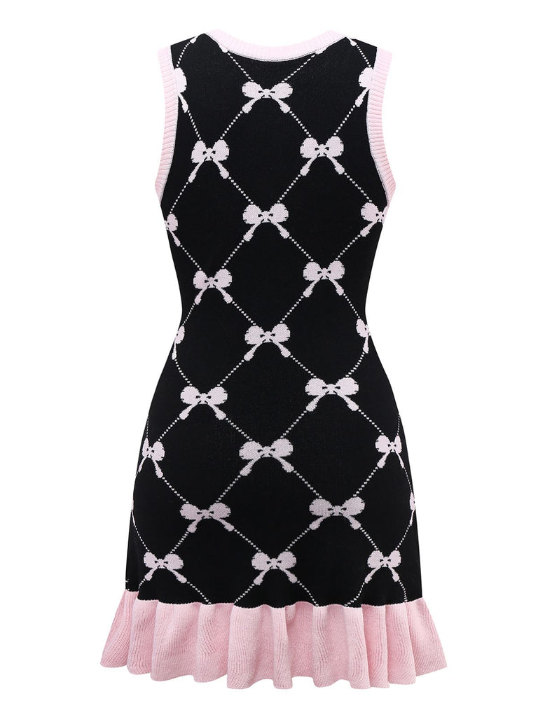 Black 1950s Bow Print Sleeveless Knit Ruffled Dress