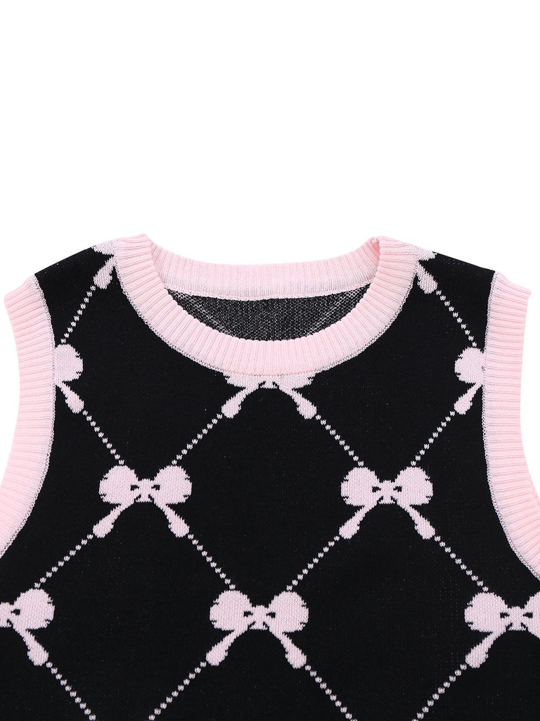 Black 1950s Bow Print Sleeveless Knit Ruffled Dress