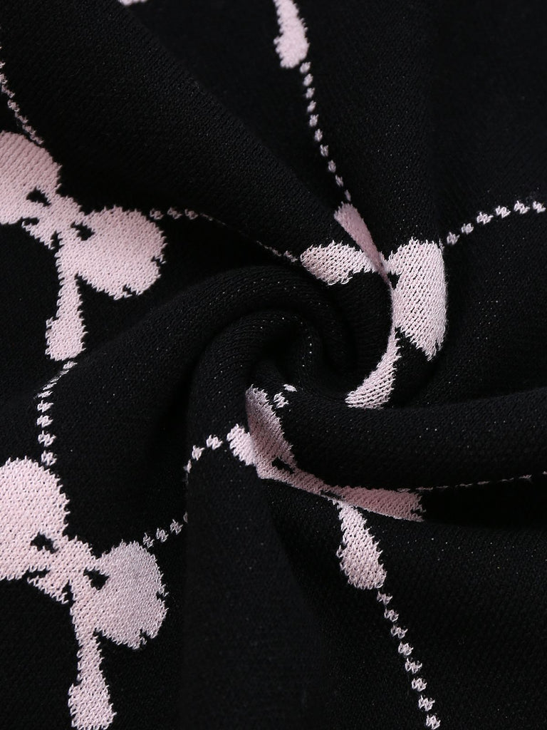 Black 1950s Bow Print Sleeveless Knit Ruffled Dress