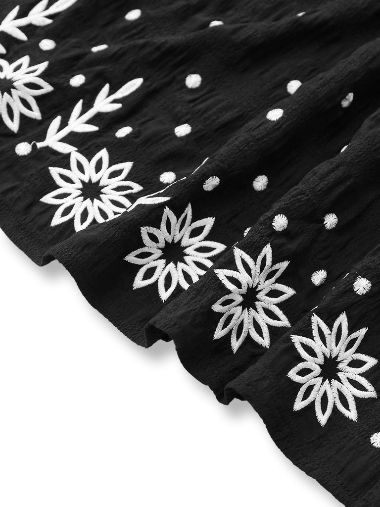 Black 1970s Boho Embroidered Floral Back-Bow Dress