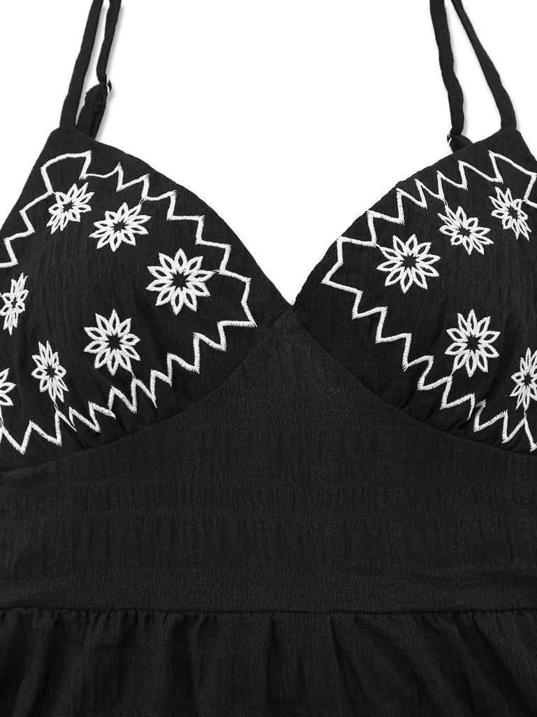 Black 1970s Boho Embroidered Floral Back-Bow Dress