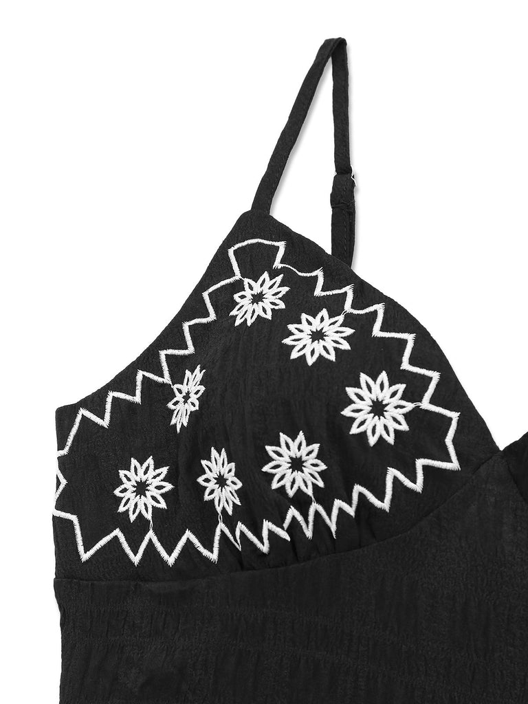 Black 1970s Boho Embroidered Floral Back-Bow Dress