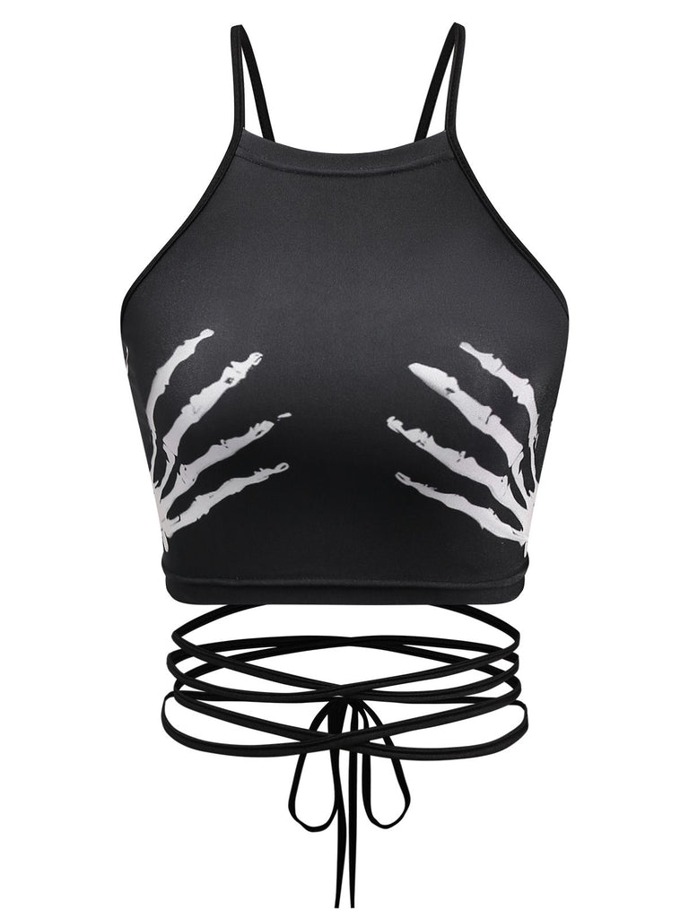 1950s Punk Halter Backless Lace-Up Crop Top