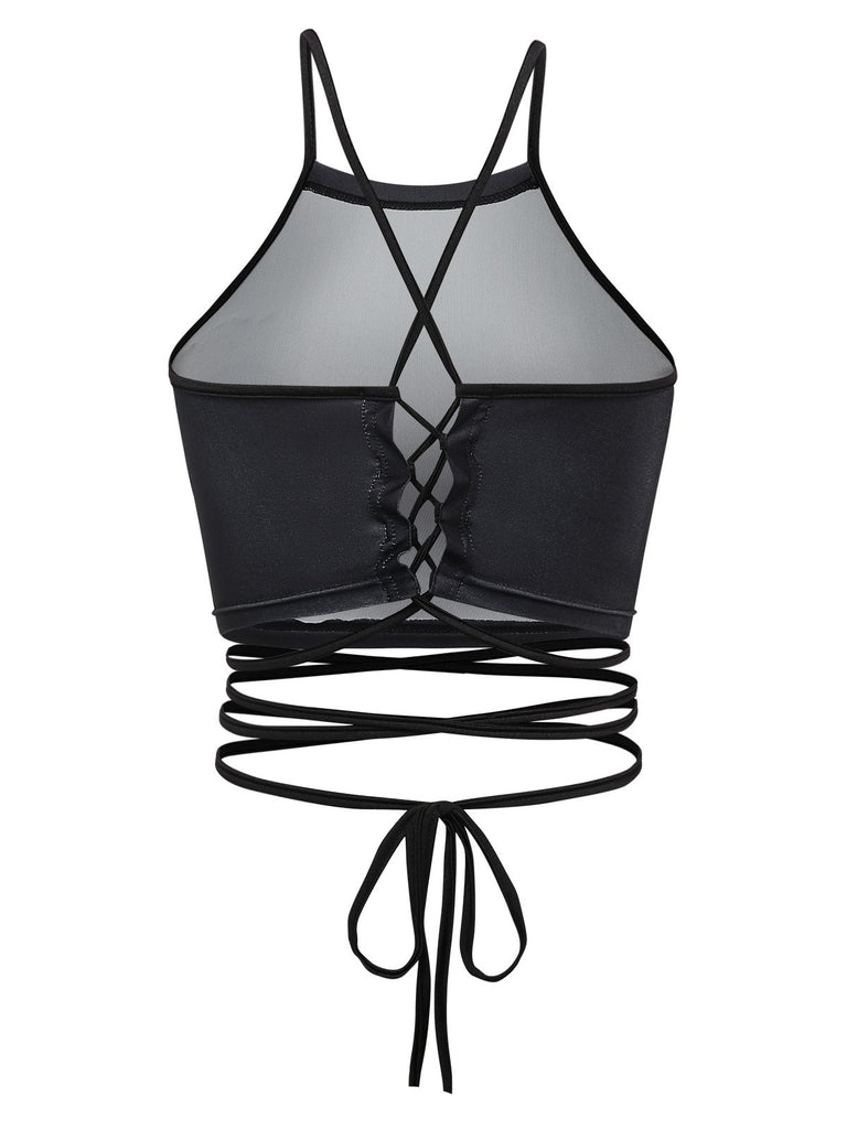 1950s Punk Halter Backless Lace-Up Crop Top