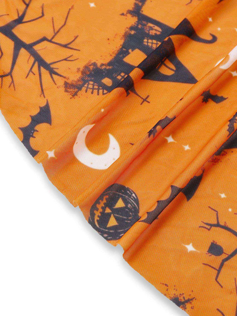 Orange 1970s Halloween Pumpkin Print Lace Halter Nightgown