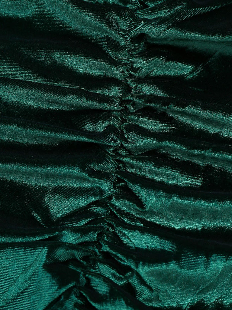 Green 1960s Velvet Ruched Long Sleeve Bodycon Dress