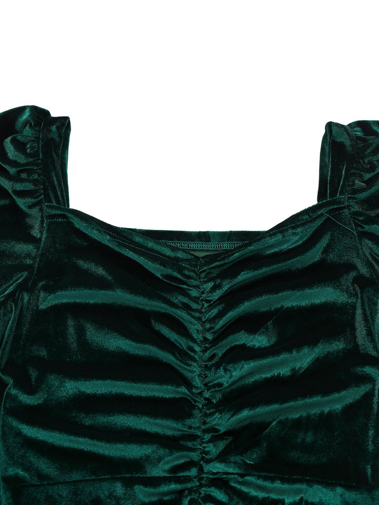 Green 1960s Velvet Ruched Long Sleeve Bodycon Dress