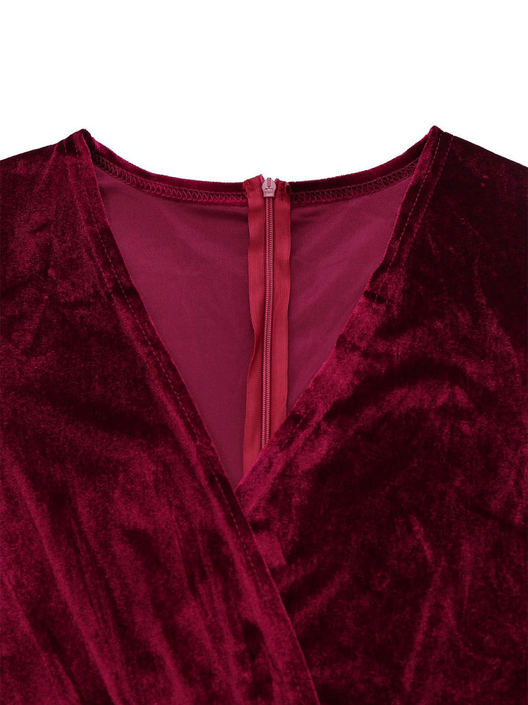 1970s Velvet Deep V-Neck Long Sleeve Jumpsuit