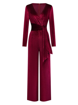 1970s Velvet Deep V-Neck Long Sleeve Jumpsuit