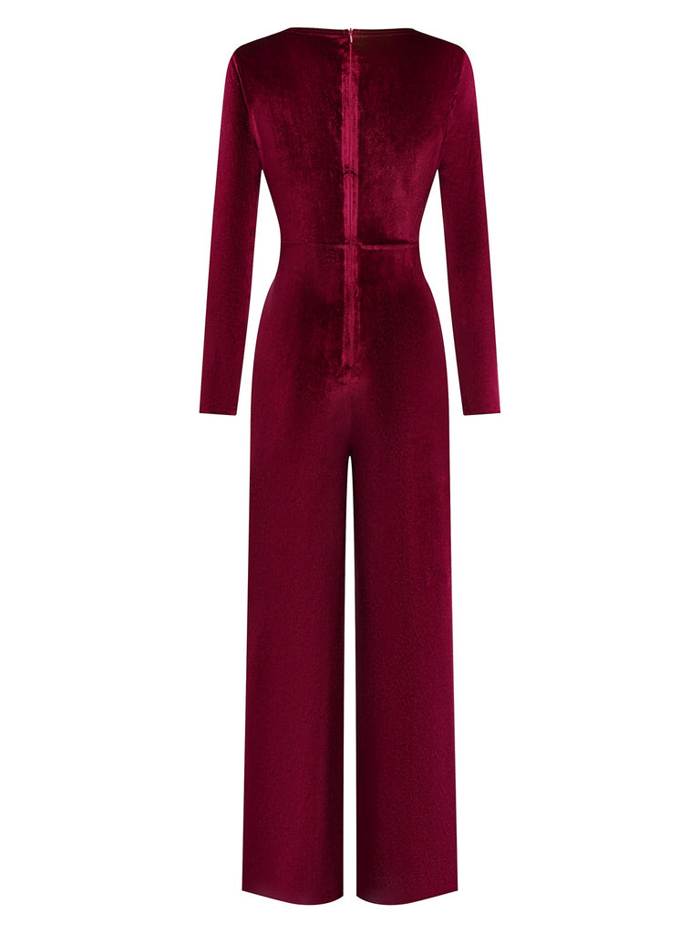 1970s Velvet Deep V-Neck Long Sleeve Jumpsuit