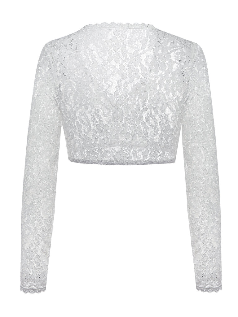 White 1950s Floral Lace Long Sleeves Cropped Top
