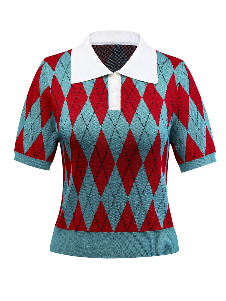 1930s Lapel Collar Color Block Diamond Grid Sweater
