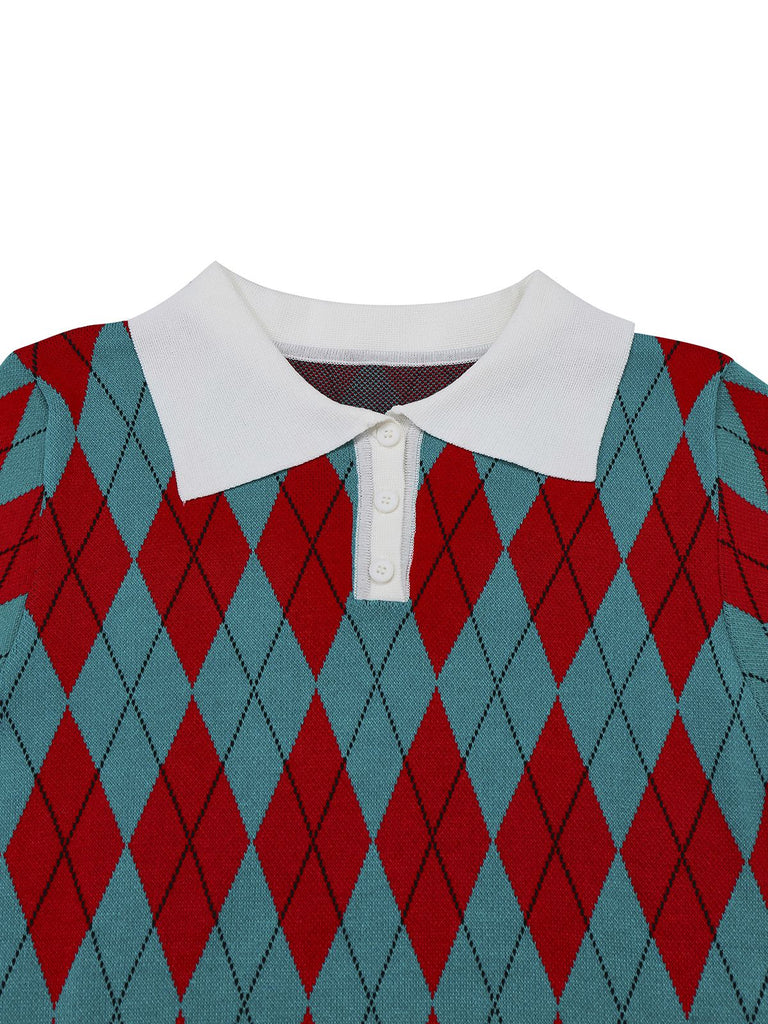 1930s Lapel Collar Color Block Diamond Grid Sweater