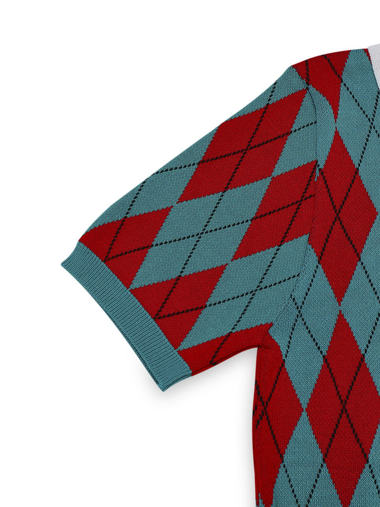 1930s Lapel Collar Color Block Diamond Grid Sweater