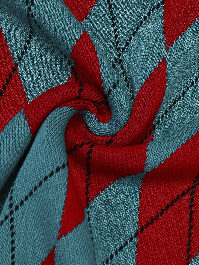 1930s Lapel Collar Color Block Diamond Grid Sweater