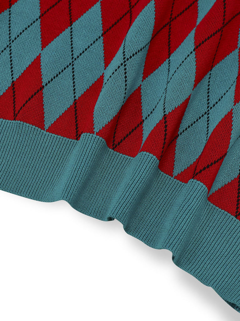 1930s Lapel Collar Color Block Diamond Grid Sweater