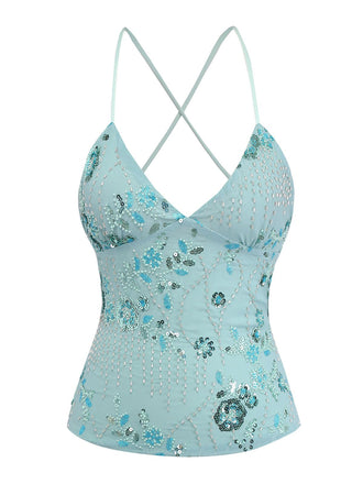 Ice Green 1980s Sequined Embroidered Floral Top